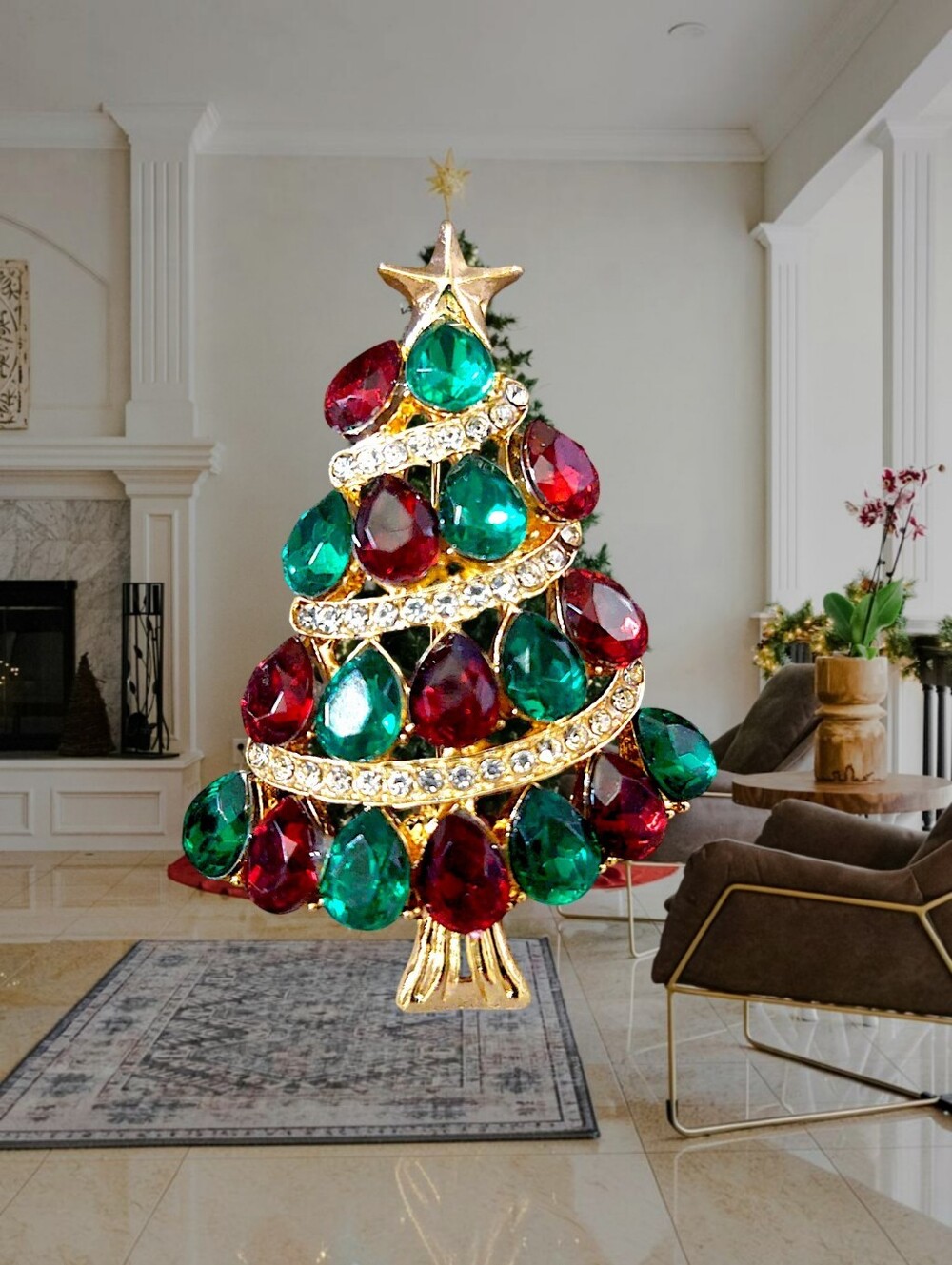 Jewel-Tone Crystal Christmas Tree Brooch